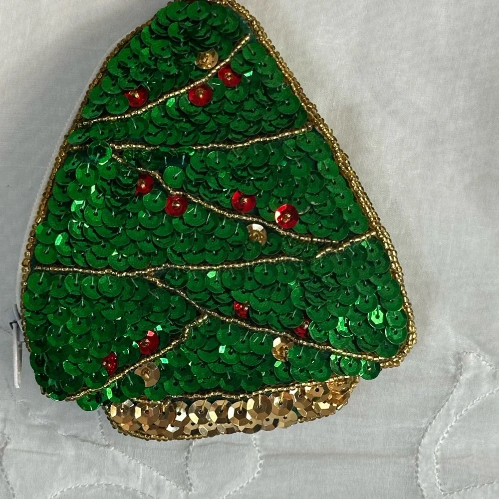 Green Sequin Christmas Tree Coin Purse Vintage